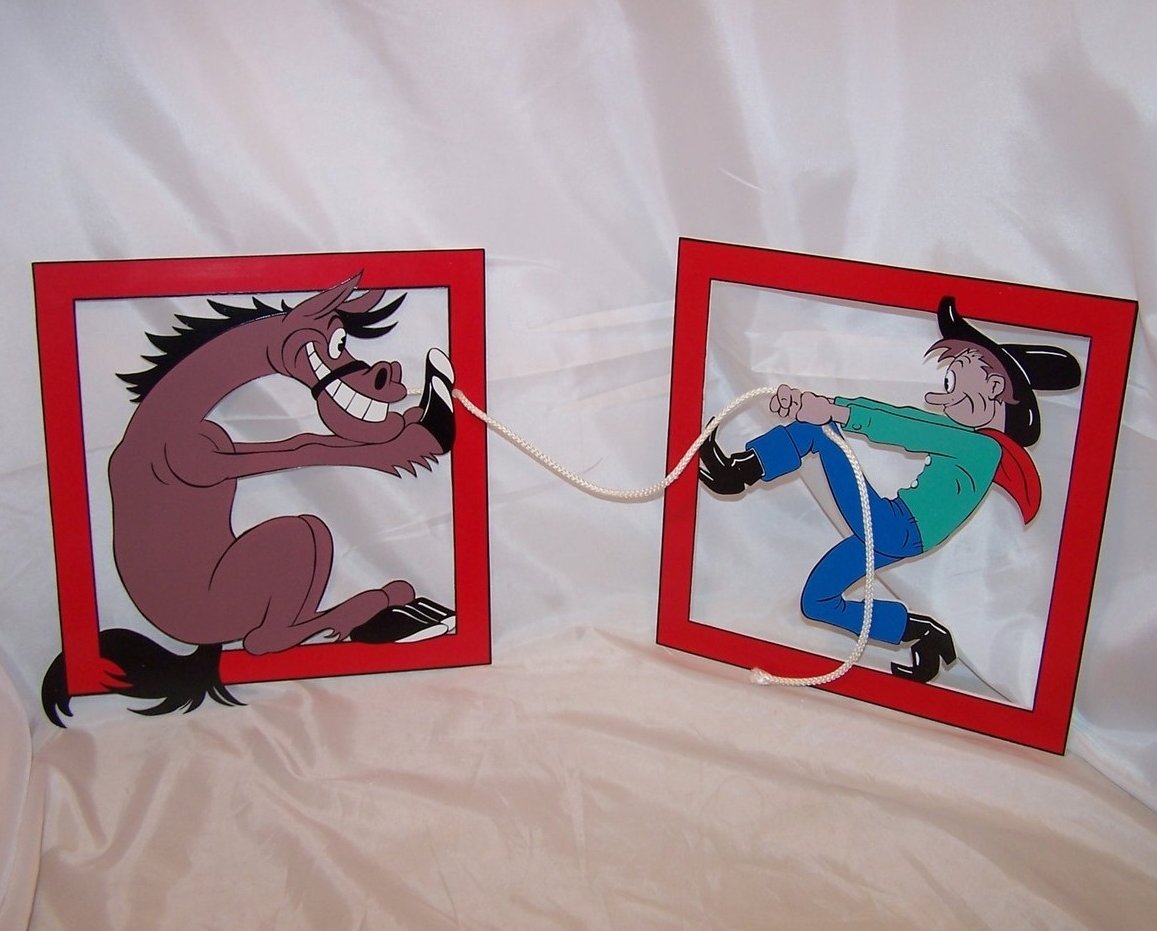 Humorous Horse and Cowboy Tug of War Picture, Wall Hanging