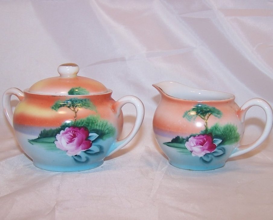 Vintage Noritake Orange and Blue Island Creamer, Sugar Bowl