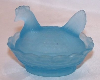 Image 0 of Blue Vaseline Glass Chicken Salt Dip Dish, Almost 2 Inches