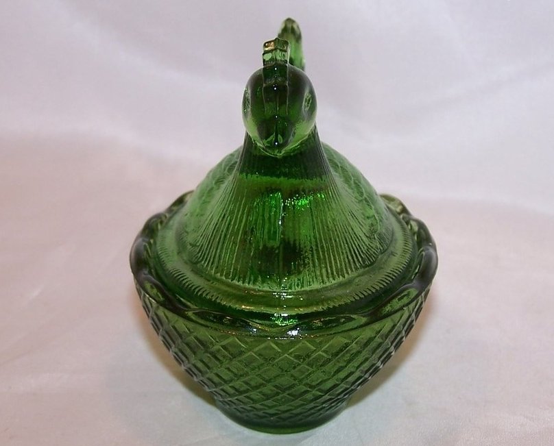 Image 1 of 3 Inch Green Glass Chicken in a Basket Covered Dish