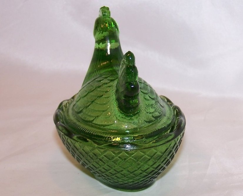 Image 2 of 3 Inch Green Glass Chicken in a Basket Covered Dish