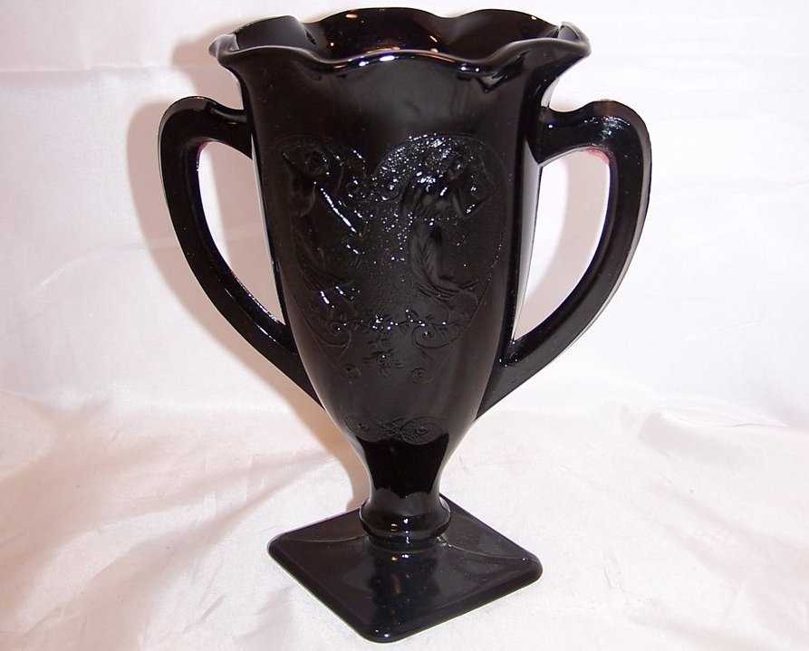 Black Amethyst Glass Loving Cup Vase with Design, Vintage