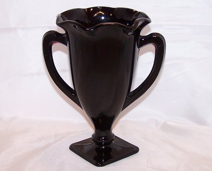 Black Amethyst Glass Loving Cup Vase with Design, Vintage