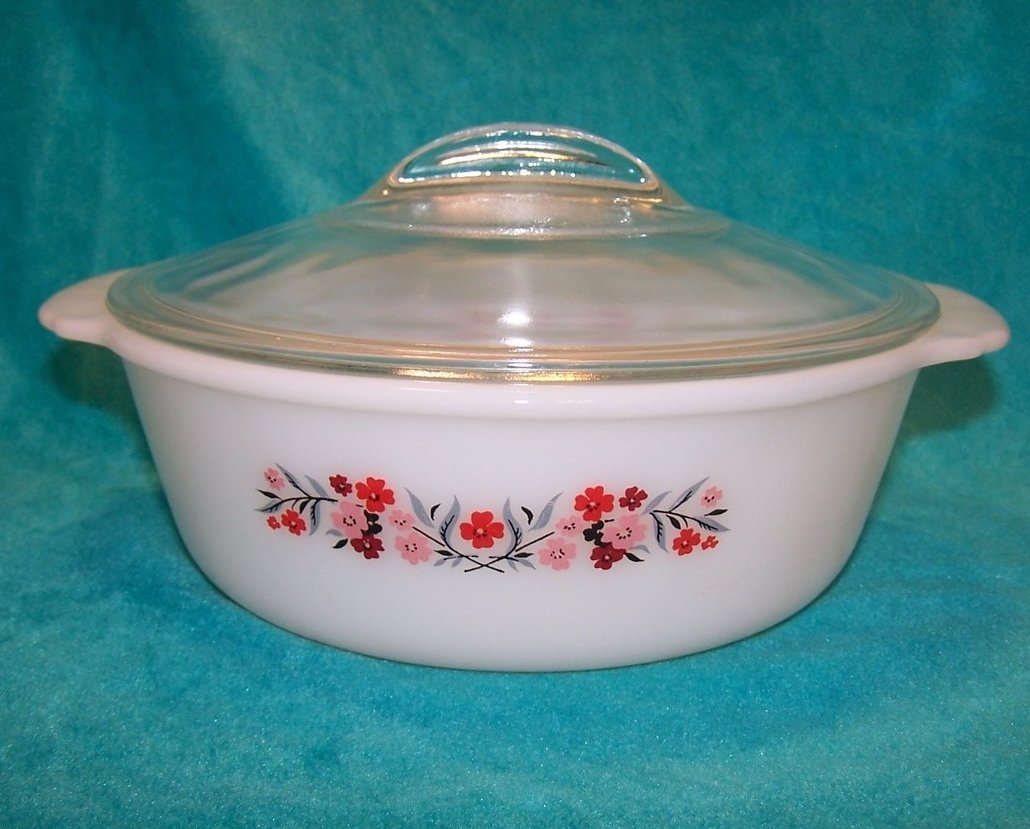 Image 0 of Fire King Primrose Casserole Dish Covered Milk Glass 2 Quart