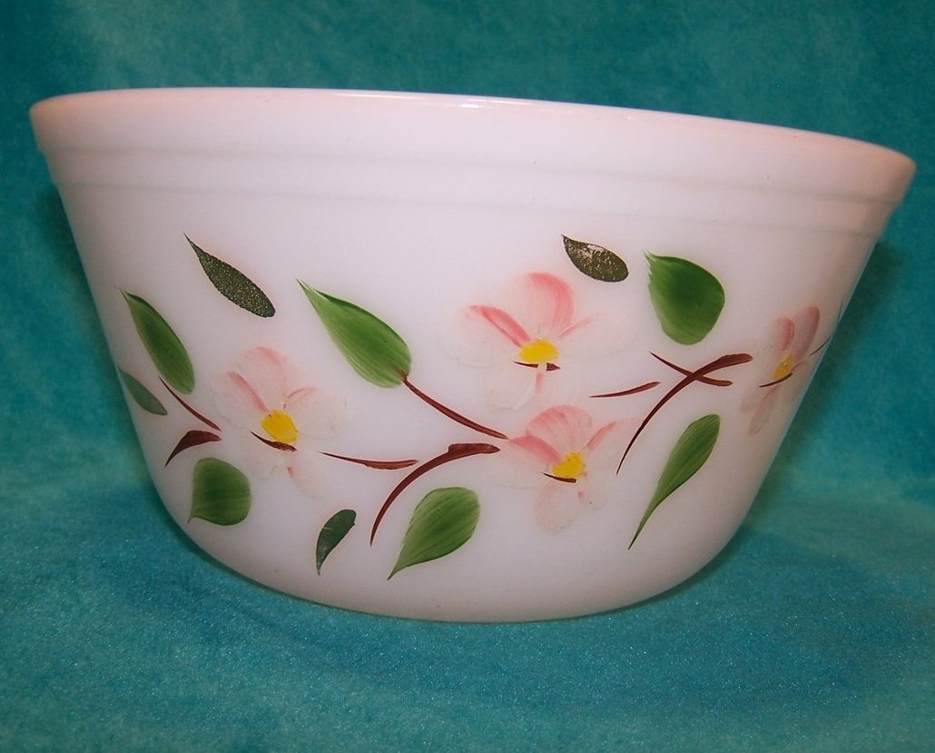 Gay Fad Fire King 8 Inch Apple Blossom Bowl, Milk Glass