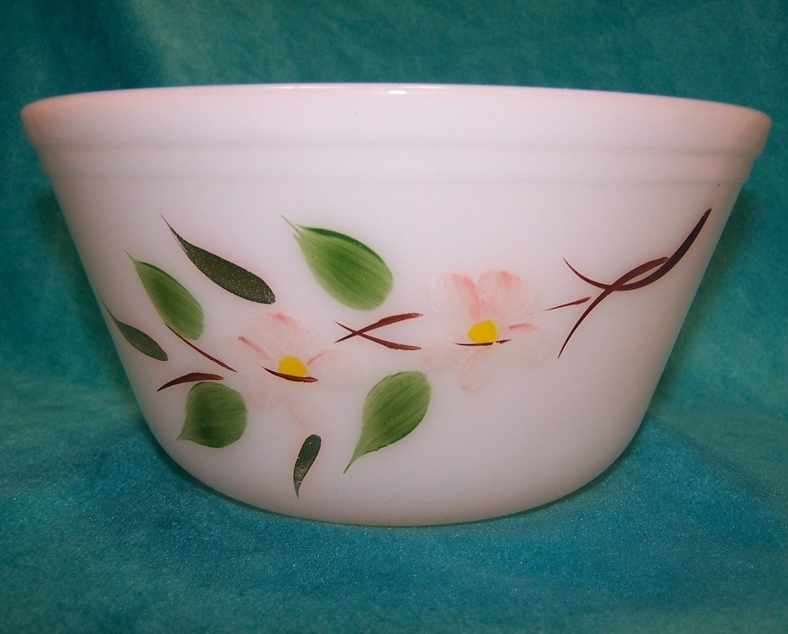 Image 1 of Gay Fad Fire King 8 Inch Apple Blossom Bowl, Milk Glass