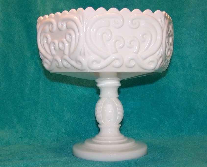 Image 1 of Atterbury Scroll Milk Glass 6 Panel Pedestal Dish, Compote