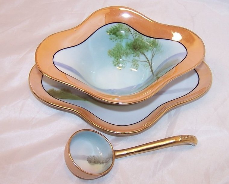 Noritake Island Scene Gravy Boat, Saucer, Spoon, Japan