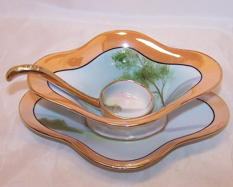 Image 1 of Noritake Island Scene Gravy Boat, Saucer, Spoon, Japan