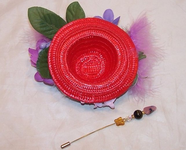 Image 4 of New Woven Red Hat with Flowers, Birds and Hat Pin