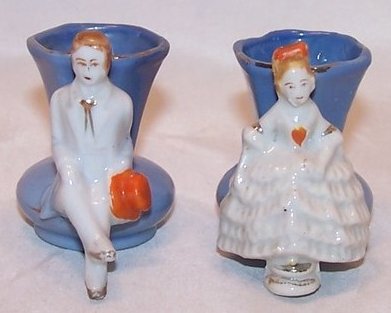 Image 0 of Matching Blue 2 Vase Set, Victorian Lady, Man, Japan