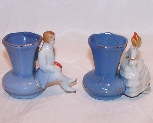 Image 2 of Matching Blue 2 Vase Set, Victorian Lady, Man, Japan
