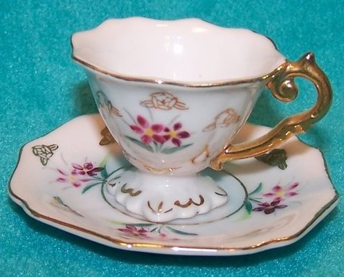 Miniature Ornate Teacup Cup w Tiny Purple Flowers, Saucer