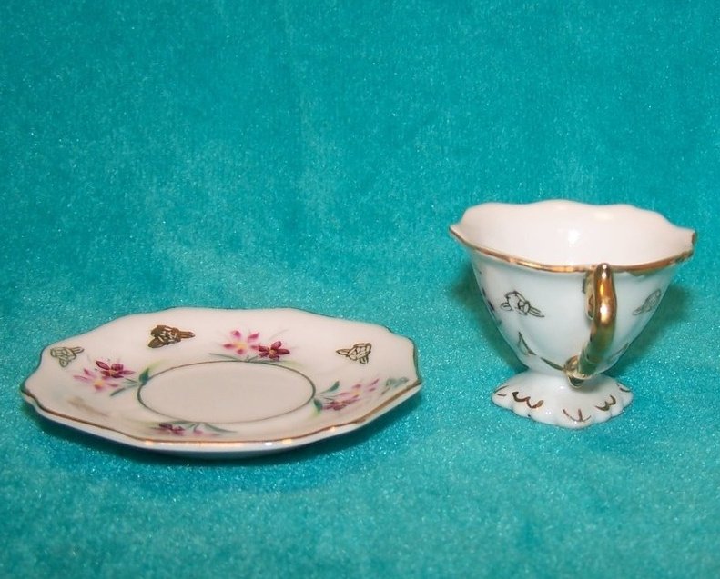 Image 3 of Miniature Ornate Teacup Cup w Tiny Purple Flowers, Saucer