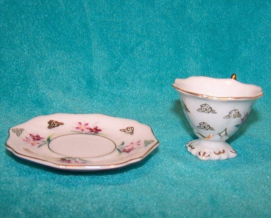 Image 4 of Miniature Ornate Teacup Cup w Tiny Purple Flowers, Saucer