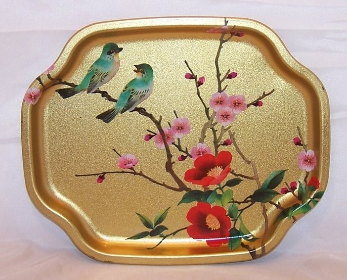 Image 0 of Gold Tray w Chattering Birds, Flowers, Elite Trays, England