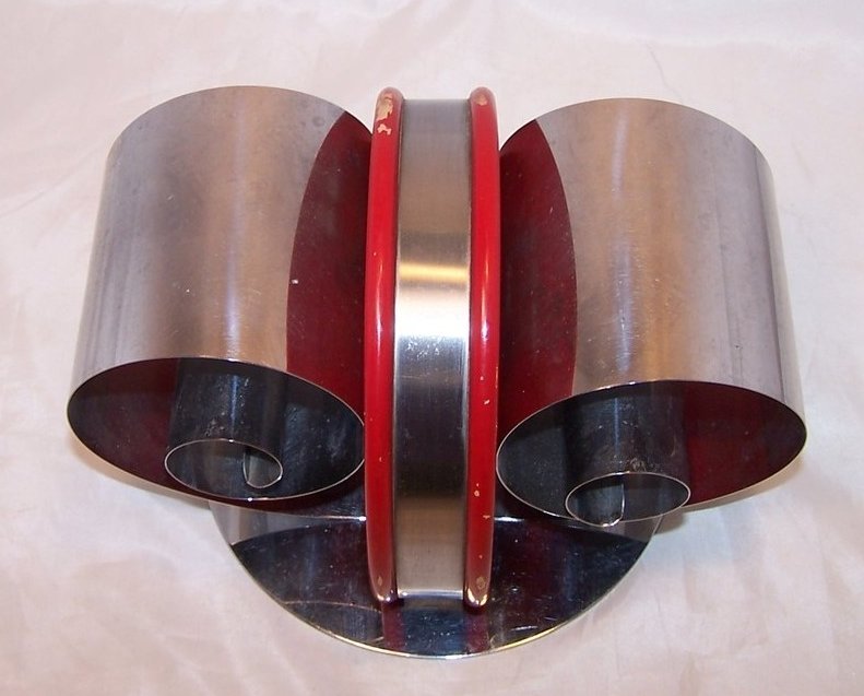 Nifty Napkin Holder, Curled, Rolled Metal and Red Painted Wood, Retro NOT Repro