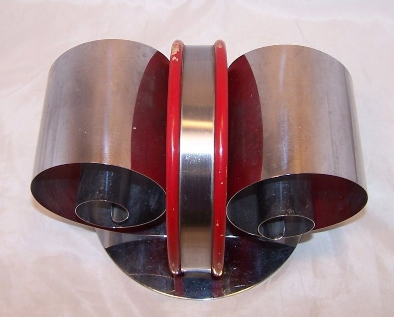 Image 0 of Nifty Napkin Holder, Curled, Rolled Metal and Red Painted Wood, Retro NOT Repro