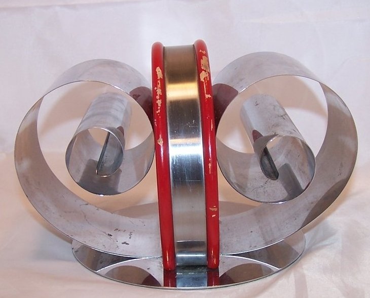 Image 1 of Nifty Napkin Holder, Curled, Rolled Metal and Red Painted Wood, Retro NOT Repro