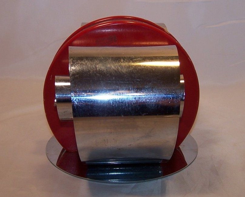 Image 2 of Nifty Napkin Holder, Curled, Rolled Metal and Red Painted Wood, Retro NOT Repro