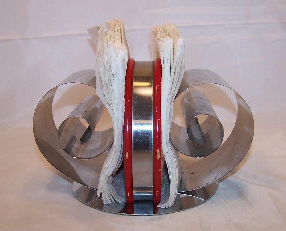 Image 4 of Nifty Napkin Holder, Curled, Rolled Metal and Red Painted Wood, Retro NOT Repro