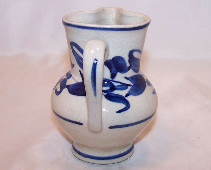 Image 1 of Hand Pinch Pottery Creamer, White, with Blue Flowers and Leaves