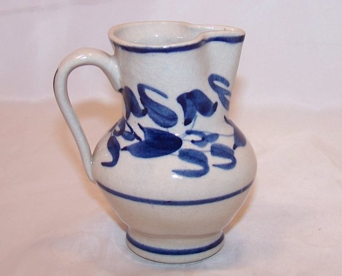 Image 2 of Hand Pinch Pottery Creamer, White, with Blue Flowers and Leaves
