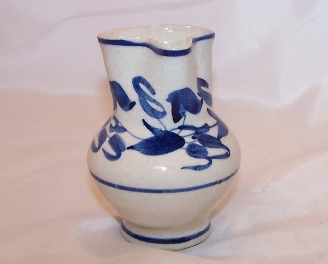 Image 3 of Hand Pinch Pottery Creamer, White, with Blue Flowers and Leaves