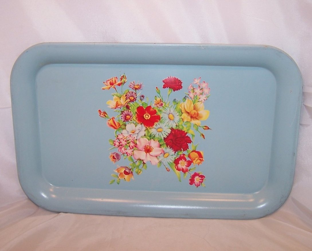 Image 0 of Vintage Blue Metal Tray with Flower Bouquet, Floral, Carnations, Daisies, Roses