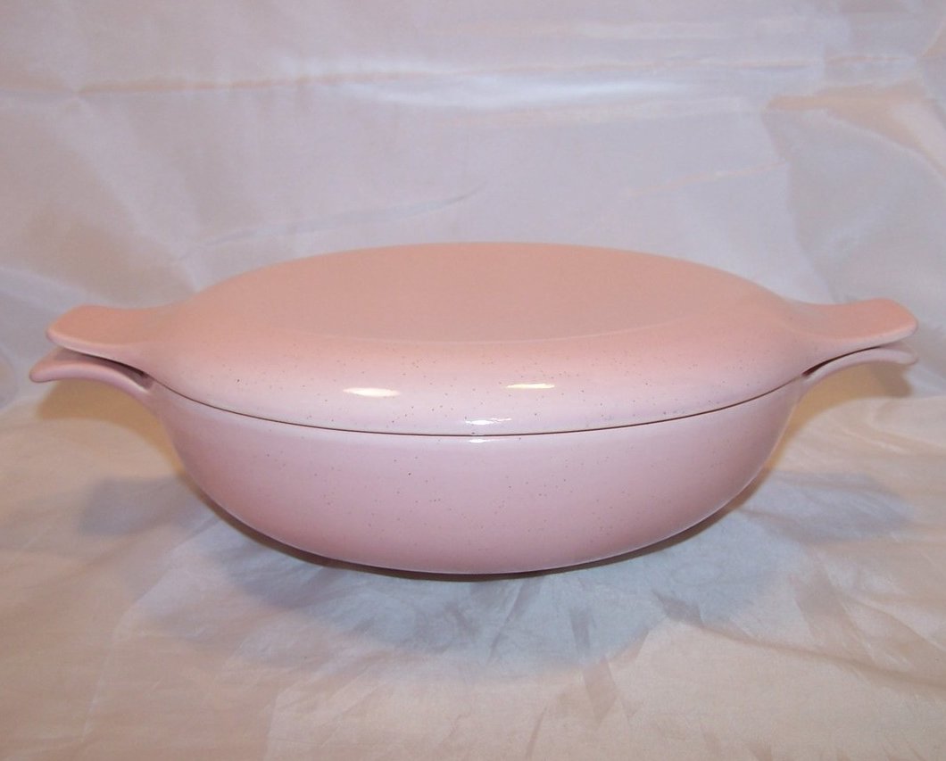 Vintage Fifties Pink Speckle Speckled Vegetable Bowl, Casserole Dish with Lid