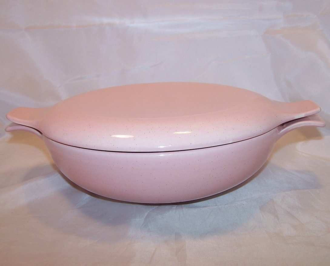 Image 2 of Vintage Fifties Pink Speckle Speckled Vegetable Bowl, Casserole Dish with Lid