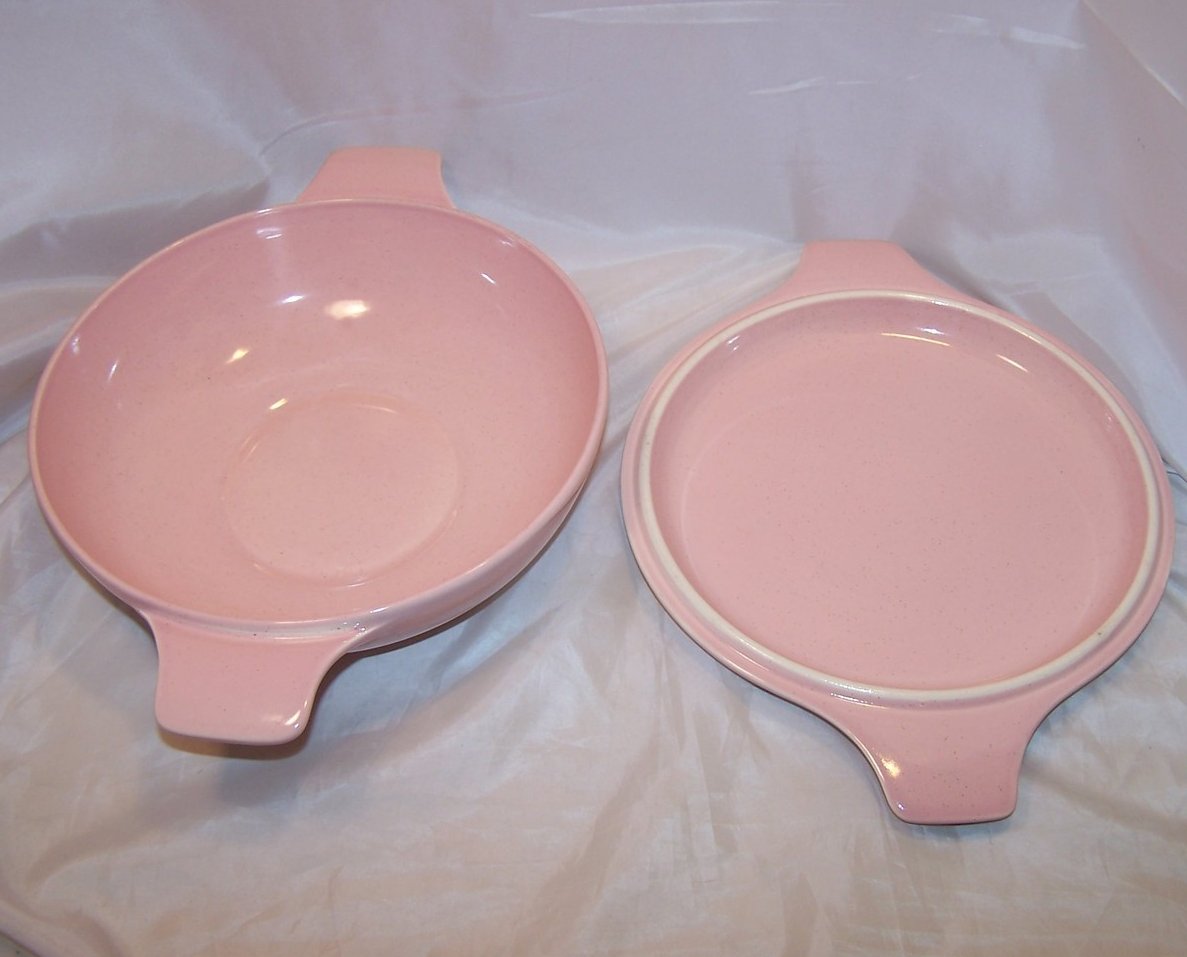 Image 3 of Vintage Fifties Pink Speckle Speckled Vegetable Bowl, Casserole Dish with Lid