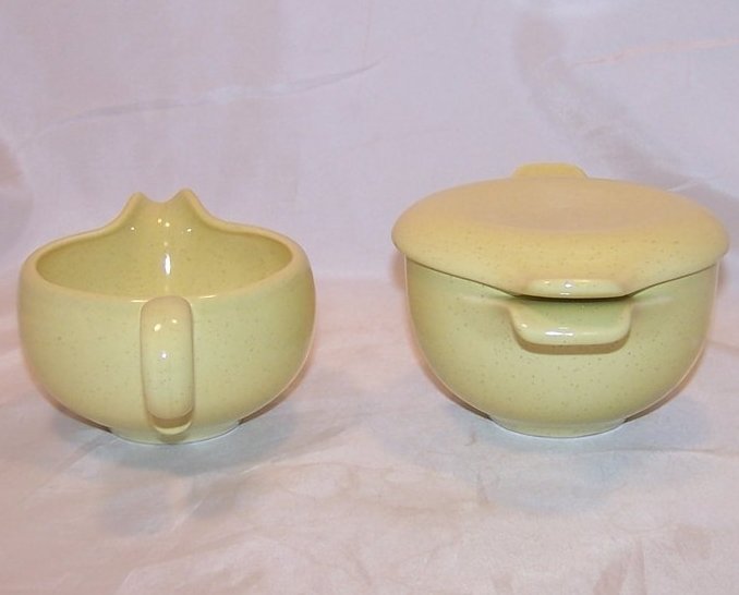 Image 1 of Vintage Fifties Yellow Speckle Speckled Creamer and Sugar Bowl