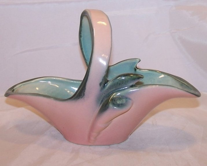 Hull Art Pottery Pink and Green Basket, Upright Spiral Shell Pattern 56