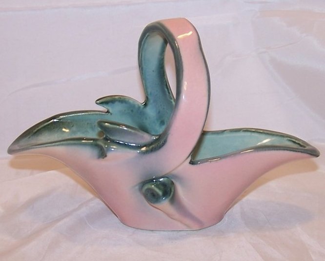 Image 2 of Hull Art Pottery Pink and Green Basket, Upright Spiral Shell Pattern 56