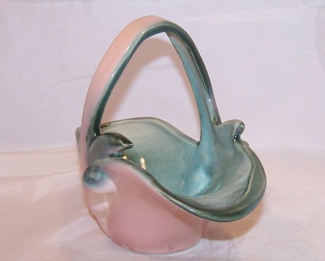 Image 3 of Hull Art Pottery Pink and Green Basket, Upright Spiral Shell Pattern 56