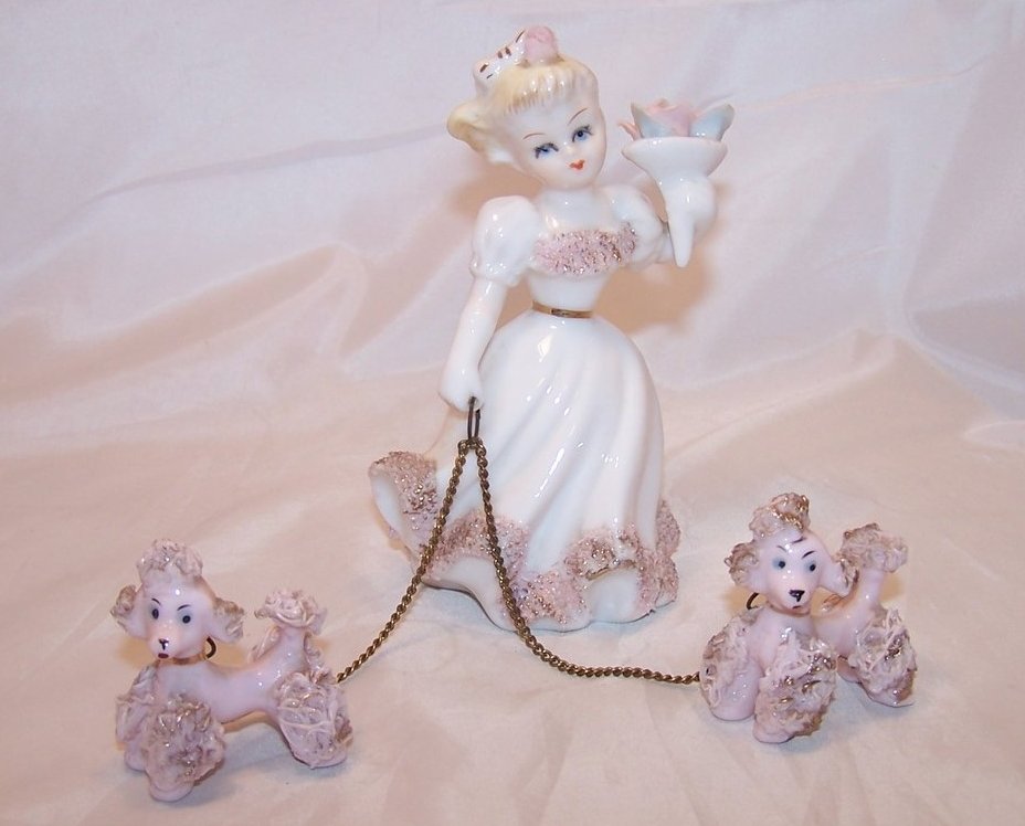 Girl w Flowers, Poodles on Leashes, Vintage Japan