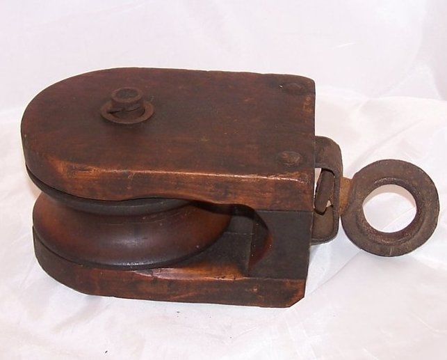 Image 0 of Vintage Large Wood Pulley Wheel w Iron Hanging Loop, Handmade, Cracked