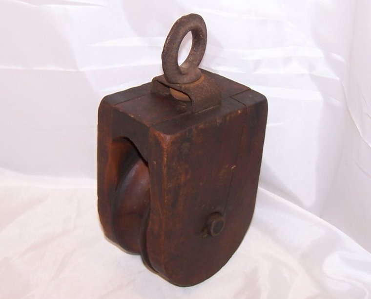 Image 3 of Vintage Large Wood Pulley Wheel w Iron Hanging Loop, Handmade, Cracked