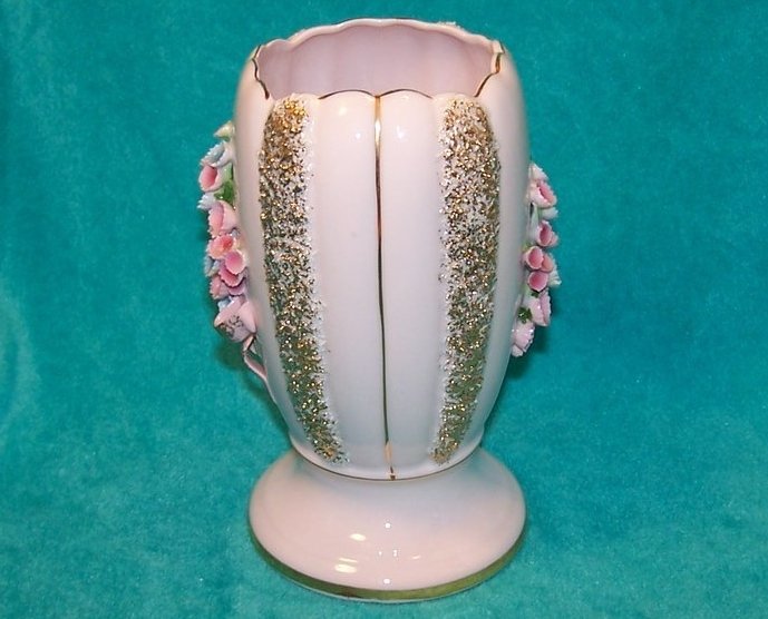 Image 1 of Pink and Gold Vase w Pink and Blue Flowers, Lefton