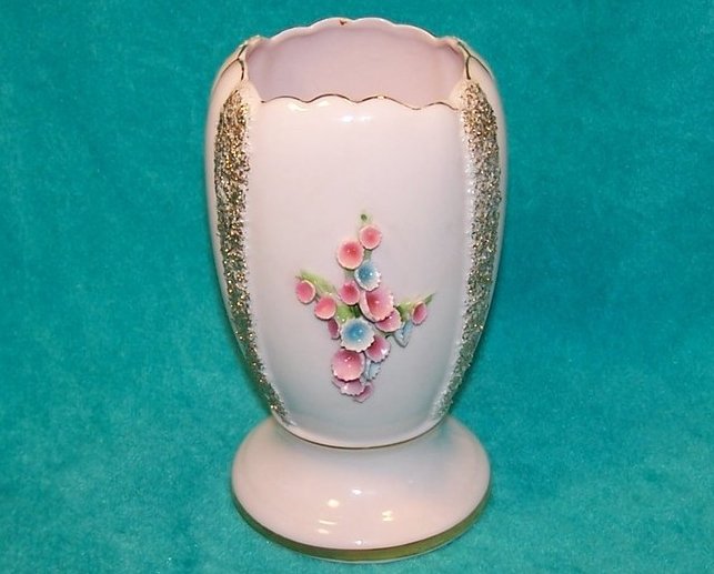 Image 2 of Pink and Gold Vase w Pink and Blue Flowers, Lefton