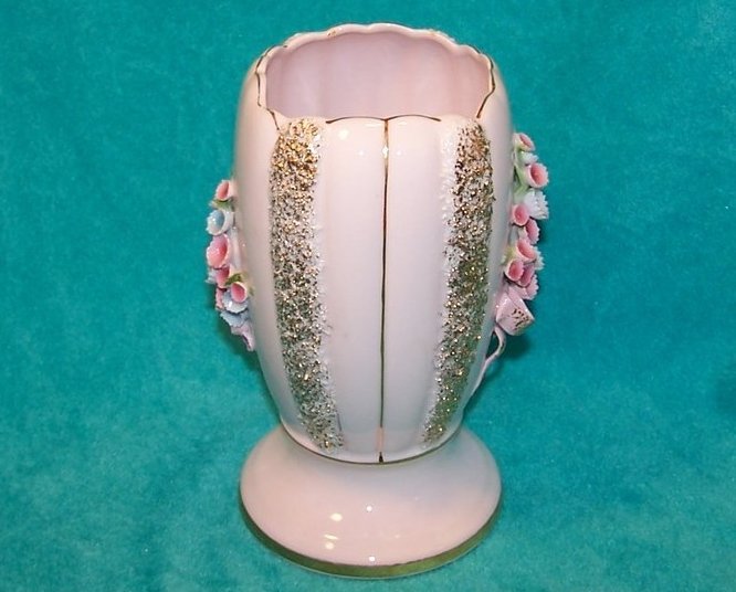 Image 3 of Pink and Gold Vase w Pink and Blue Flowers, Lefton