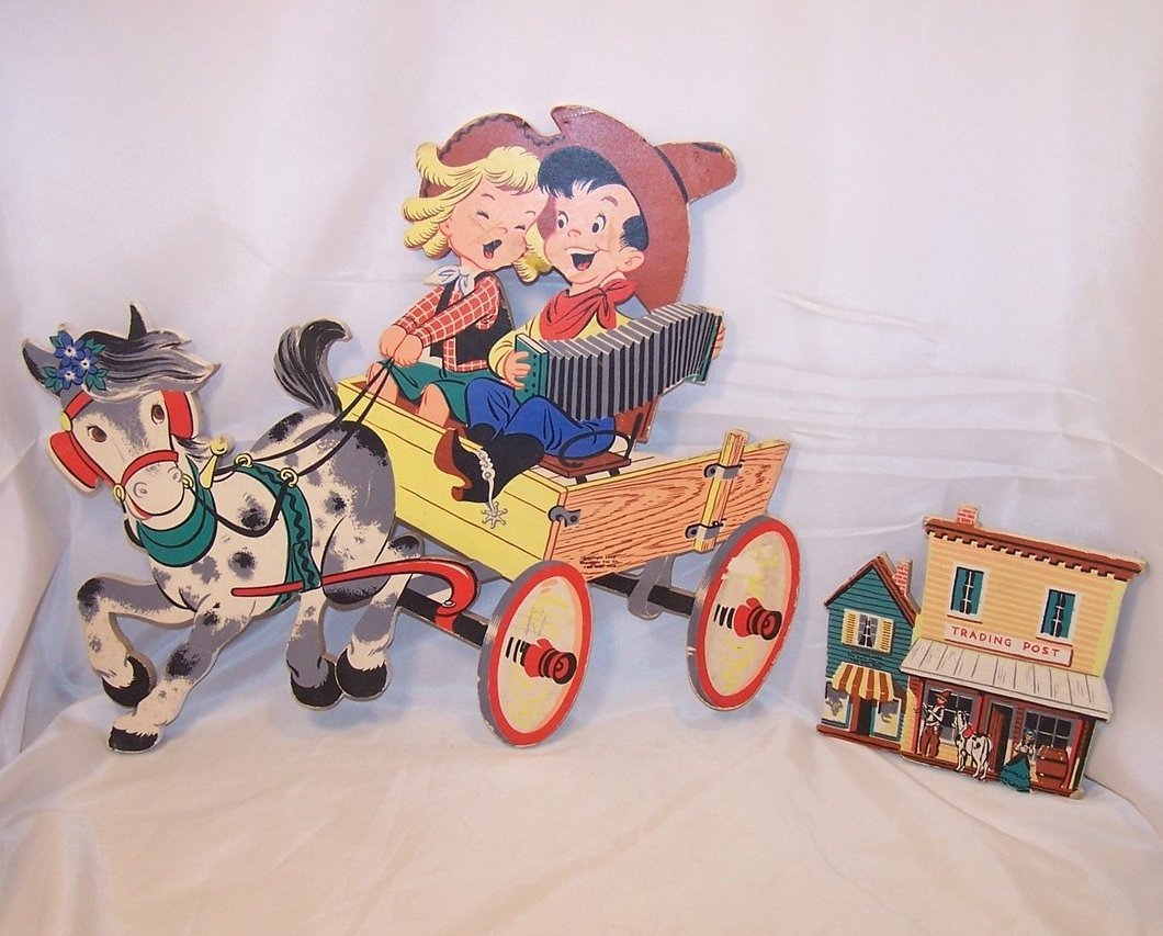 Image 0 of Singing Cowgirl, Cowboy on Wagon, Trading Post, Dolly Toy Co Nursery Wall Decor