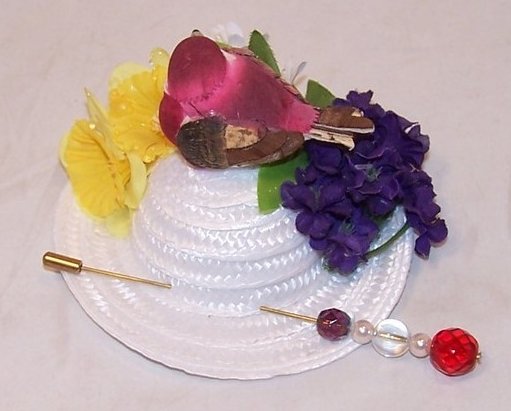Image 2 of New Woven White Hat with Bird and Flowers, Hat Pin