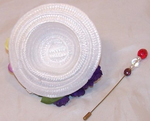 Image 3 of New Woven White Hat with Bird and Flowers, Hat Pin