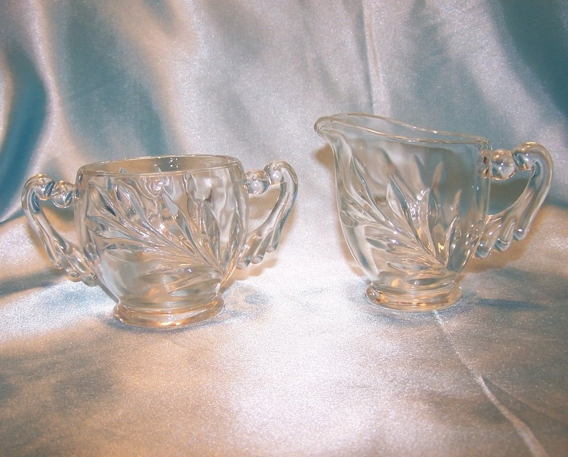 Image 0 of Pressed Glass Creamer, Sugar Bowl w Draped Handles, Vintage