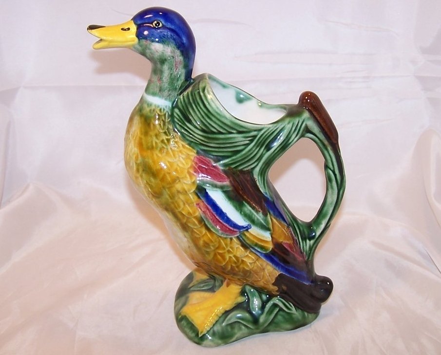 Image 2 of Mallard Duck and Cattail Pitcher, Vintage, Portugal 335