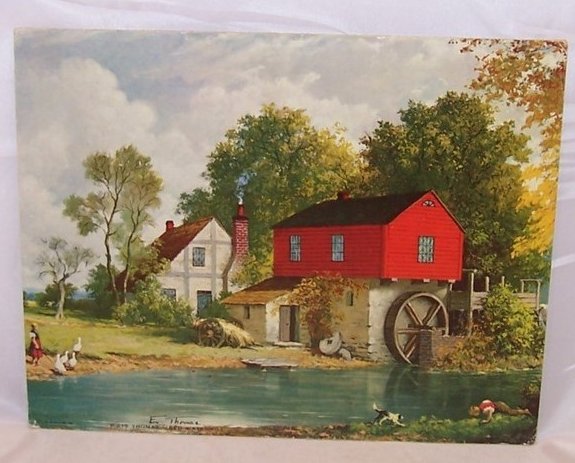 Image 0 of Red Watermill on River w Geese, Dog, Boy and Girl, E. Thomas Lithograph, USA