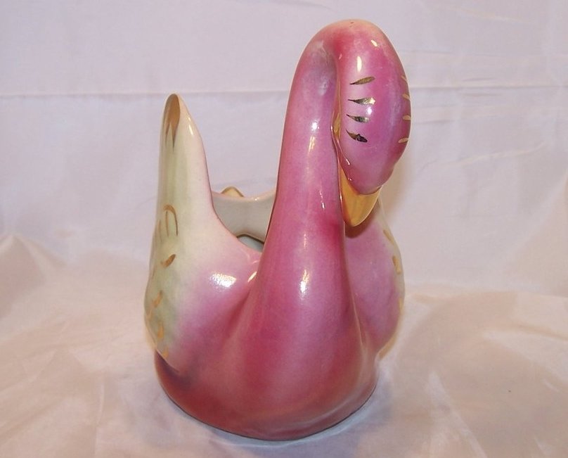 Image 3 of Swan Planter, Colonial China, Pink Green Gold