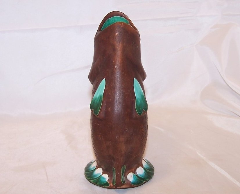 Image 1 of Leaping Fish Vase, Brown w Green and White, Woodland